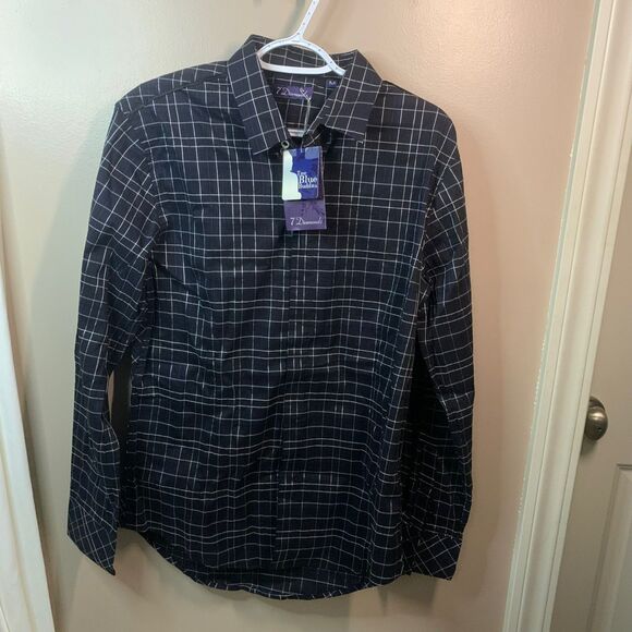 NWT 7 Diamonds Plaid Black Blue Silver Button Up 4 Way Stretch Shirt Sz Medium - Picture 1 of 8
